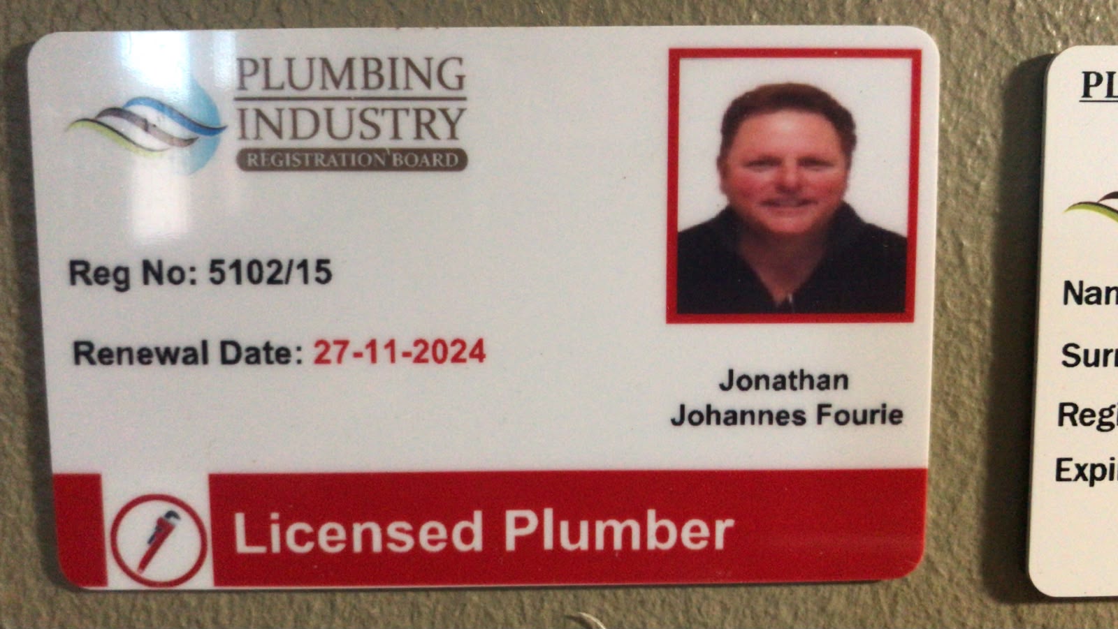 PIRB licensed plumber registration card for Jonathan Johannes Fourie